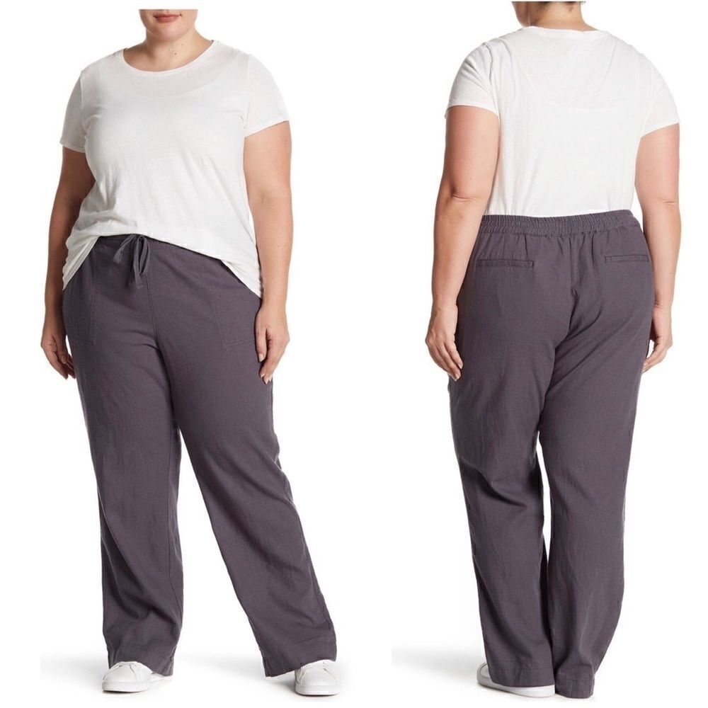 Caslon Solid Linen‎ Blend Pants,  Lightweight Adjustable Waist, COMFY, 1X, Gray,